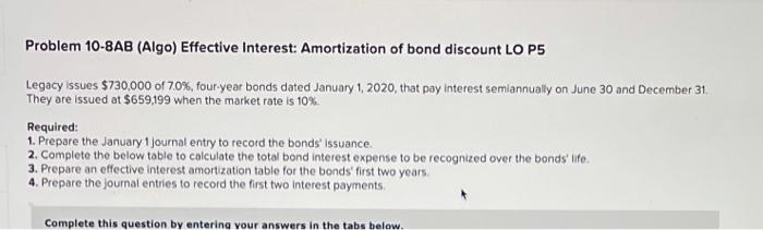 Amortization of bond discount LO P5 Legacy issues $730,000 of 70%, four-year