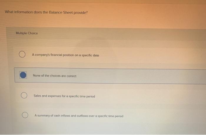  What information does the Balance Sheet provide? Multiple Choice A company's