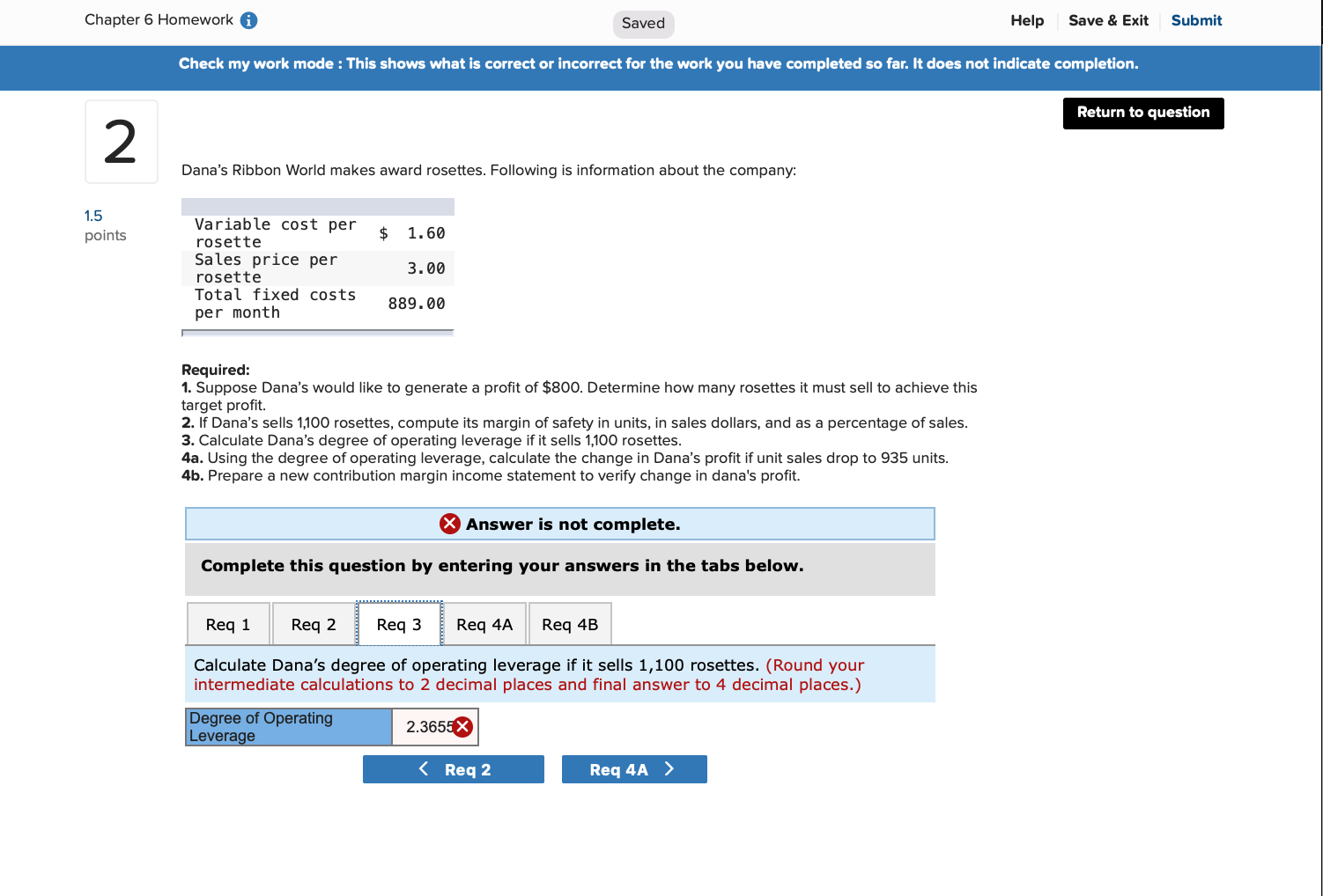  Chapter 6 Homework Saved Help Save & Exit Submit Check my