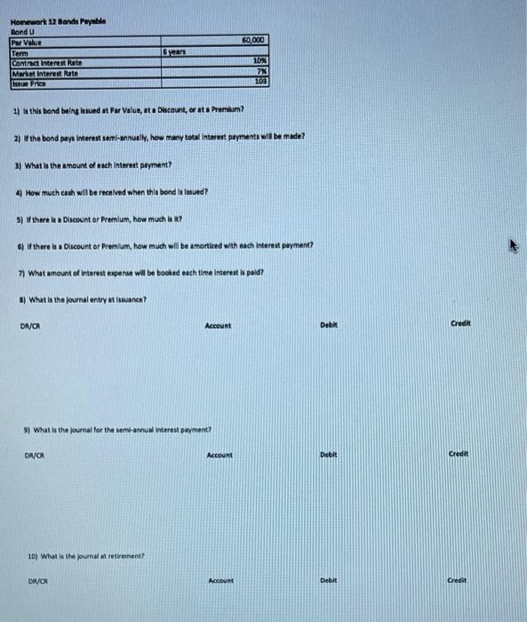  60,000 Homework 1.2 Benda Payable Bond U Par Value Term Contra