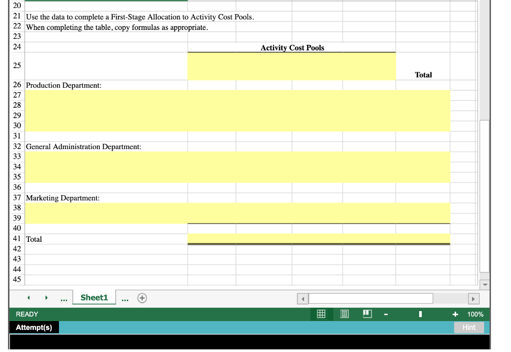 The Controller has asked you to complete a First-Stage Allocation to Activity