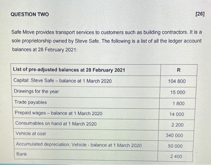 Question two QUESTION TWO [26] Safe Move provides transport services to customers