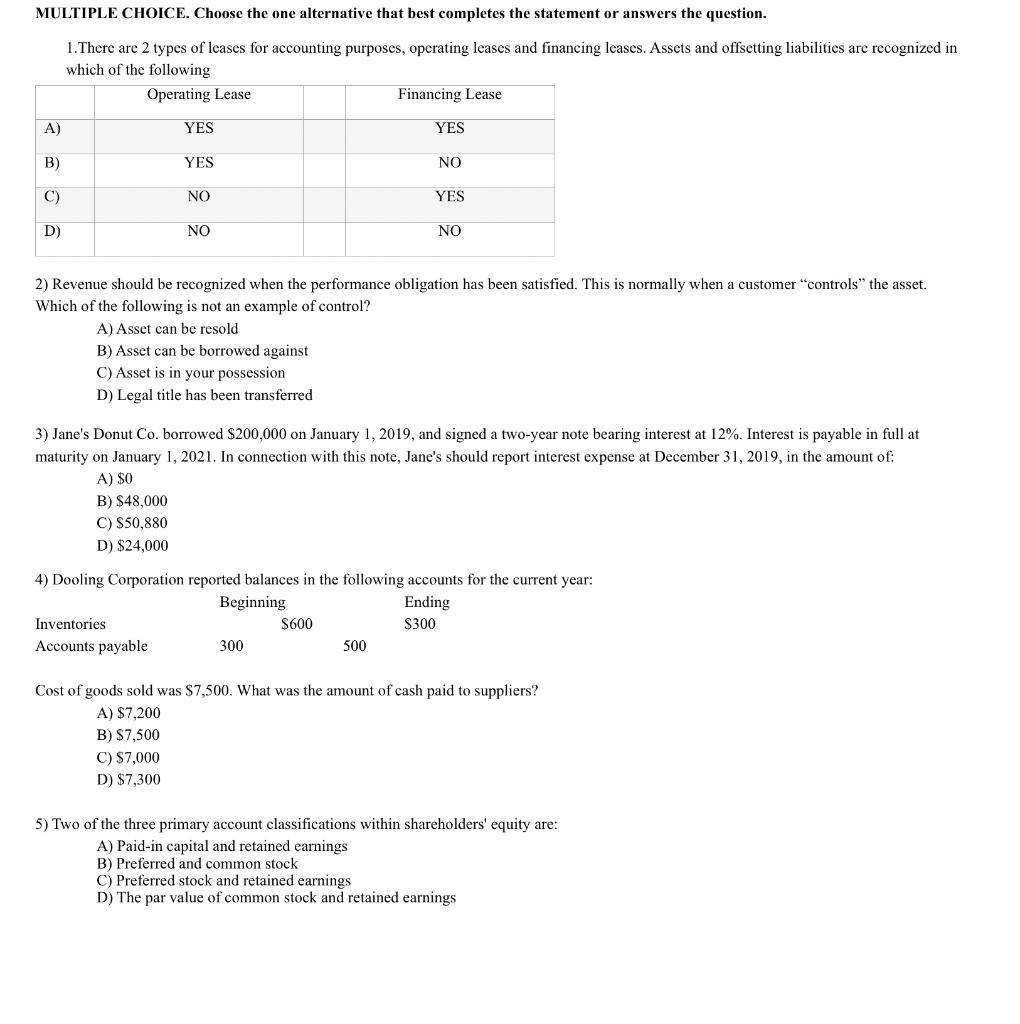  MULTIPLE CHOICE. Choose the one alternative that best completes the statement