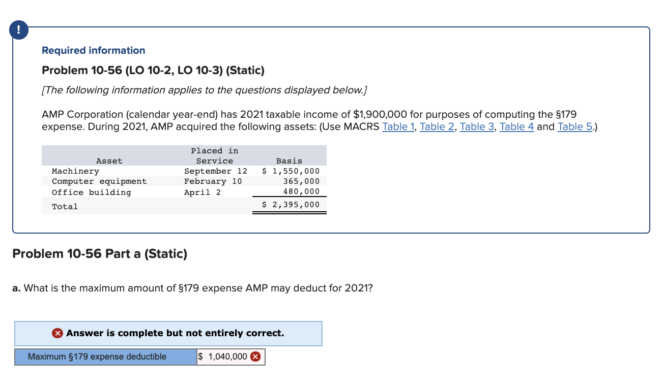  ! Required information Problem 10-56 (LO 10-2, LO 10-3) (Static) (The