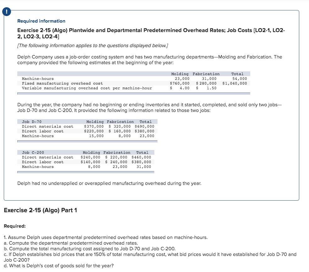 Please label clearly required 1A-1D. thanks Required information Exercise 2-15 (Algo) Plantwide