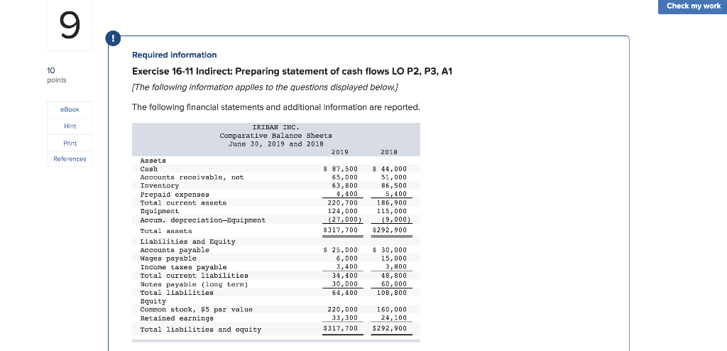  Check my work 9 Required information 10 points Exercise 16-11 Indirect: