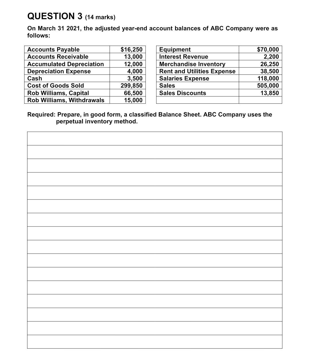 plz send typed QUESTION 3 (14 marks) On March 31 2021, the