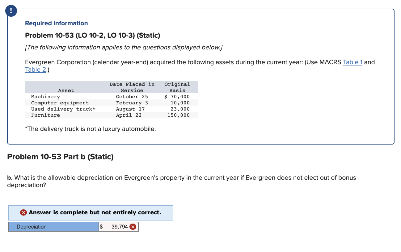 Required information Problem 10-53 (LO 10-2, LO 10-3) (Static) (The following
