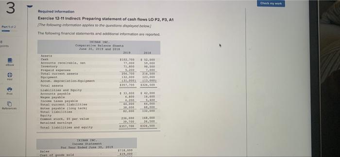  Check my w 3 Required information Exercise 12-11 Indirect: Preparing statement