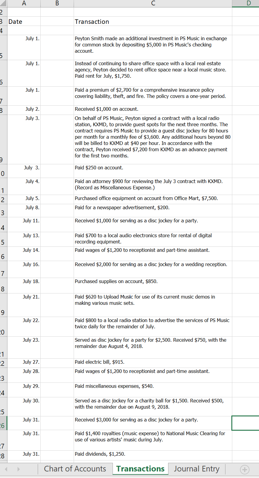 Chart of Accounts 2 41 Fees Earned 3 4 11 Cash 5