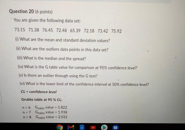  Question 20 (6 points) You are given the following data set: