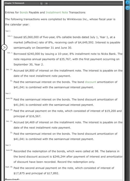  Chapter 34 Homework Entries for Bonds Payable and installment Note Transactions