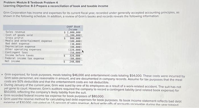  Problem: Module 8 Textbook Problem 4 Learning Objective: 8-3 Prepare a