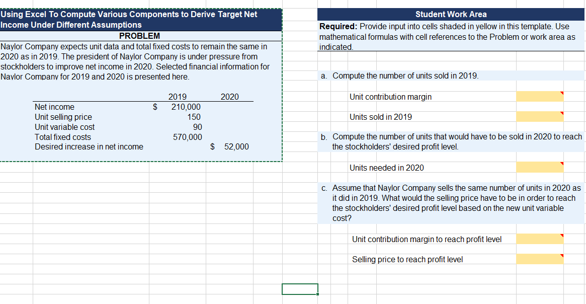  Using Excel To Compute Various Components to Derive Target Net Income