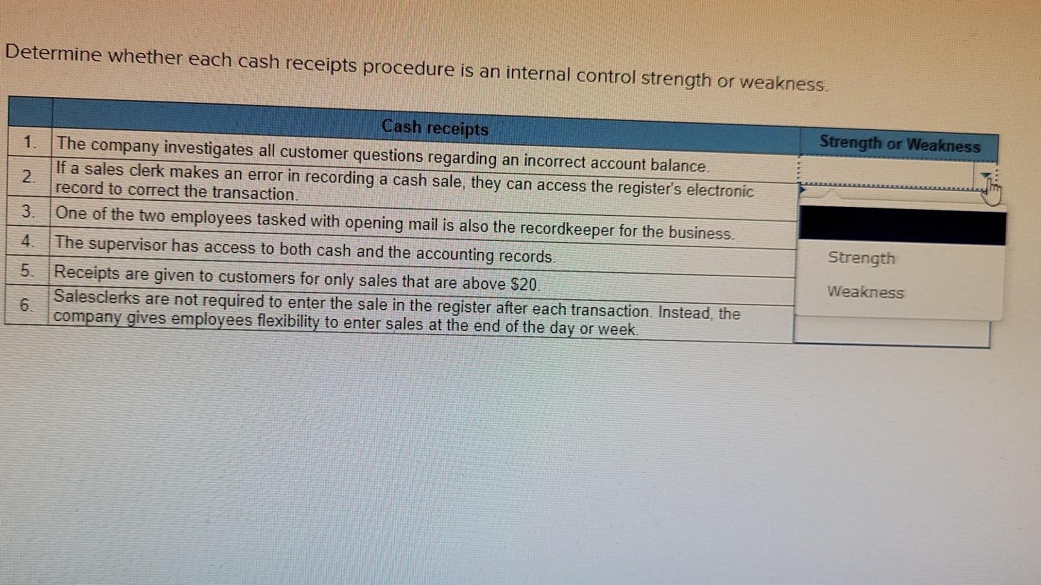  please answer Determine whether each cash receipts procedure is an internal