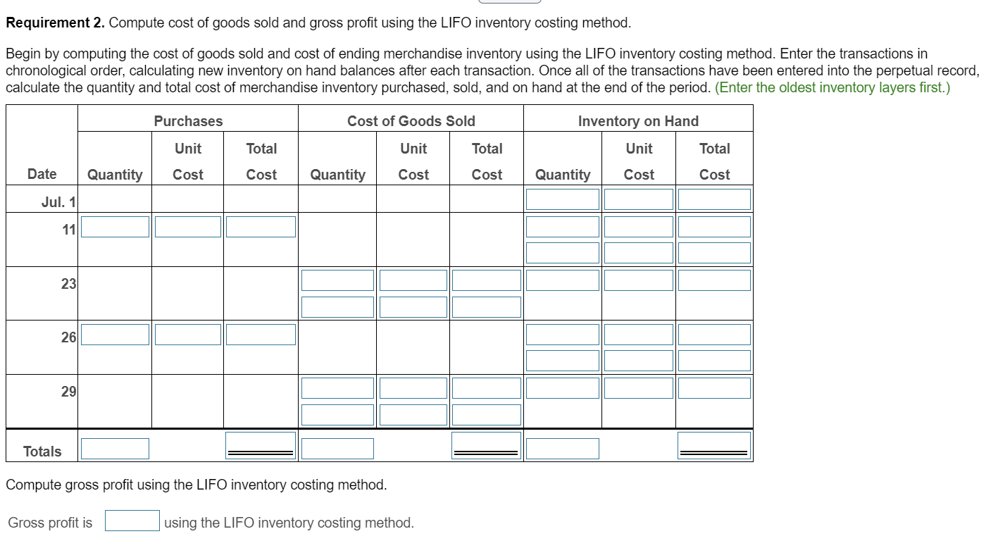 Purchase 28 tires @ $70 each 7 tires @ $80 each Jul.