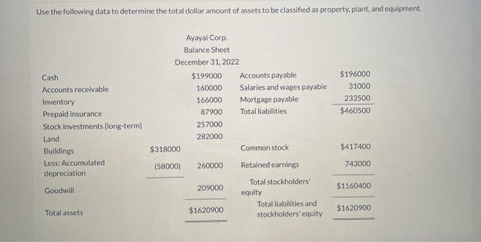  Use the following data to determine the total dollar amount of