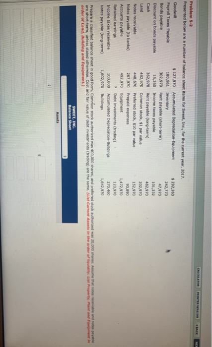  CALCULATOR PRINTER VERSION BACK NE Problem 5-2 Presented below are a
