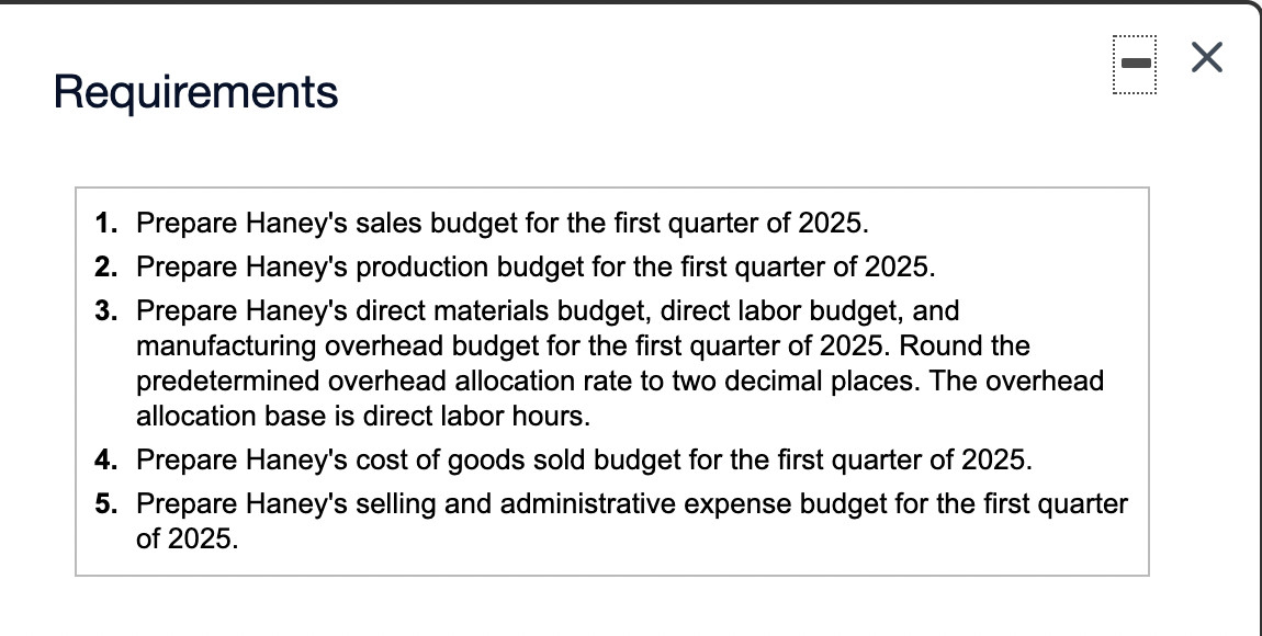 to view the other data.) Read the fequirements Requirement 1. Prepare Haney's