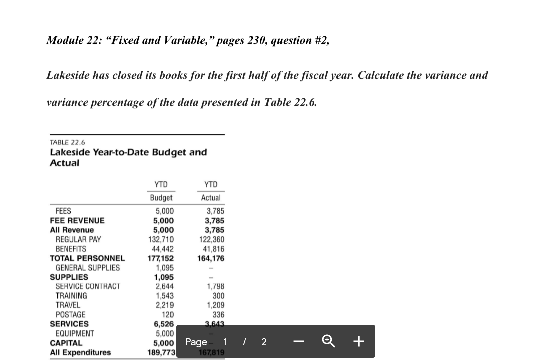 Module 22: Fixed and Variable," pages 230, question #2, Lakeside has