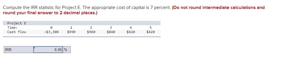  Compute the IRR statistic for Project E. The appropriate cost of