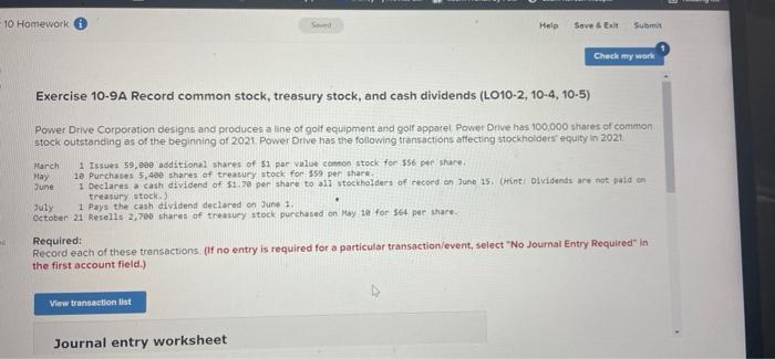  10 Homework Help Save & E Submit Check my work Exercise