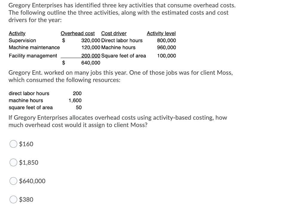 Gregory Enterprises has identified three key activities that consume overhead costs.