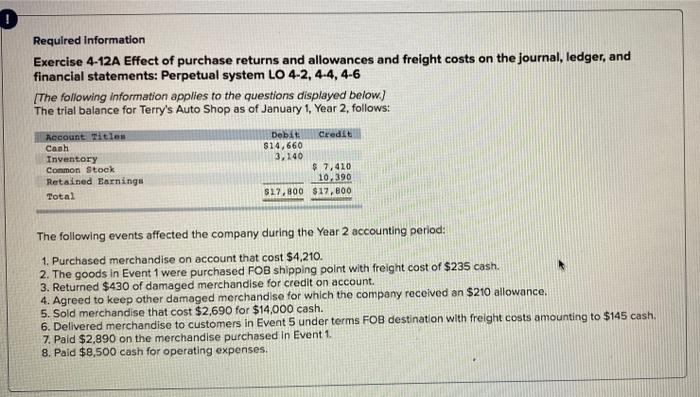  0 Required information Exercise 4-12A Effect of purchase returns and allowances