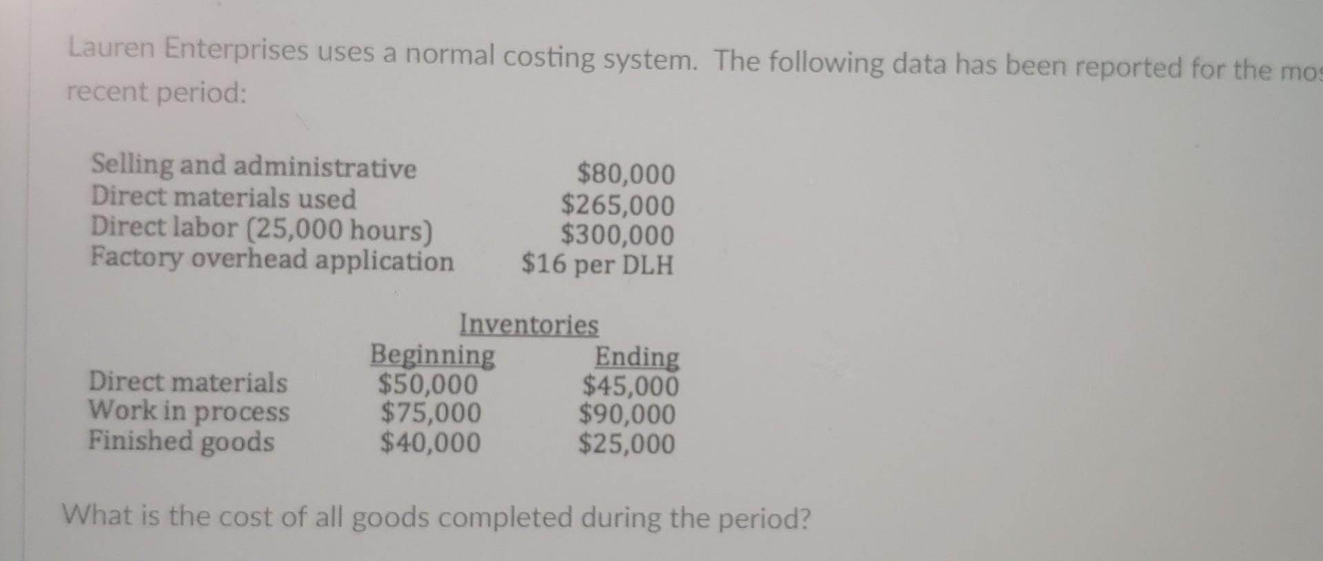 Lauren Enterprises uses a normal costing system. The following data has