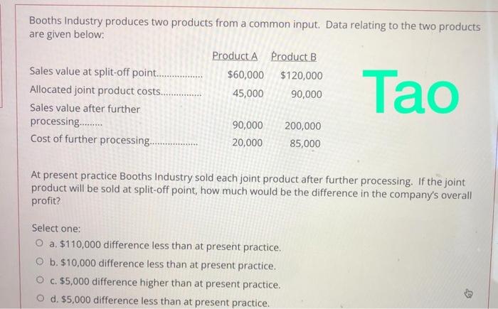 value at split-off point... $60,000 $120,000 Allocated joint product costs.. 45,000 90,000
