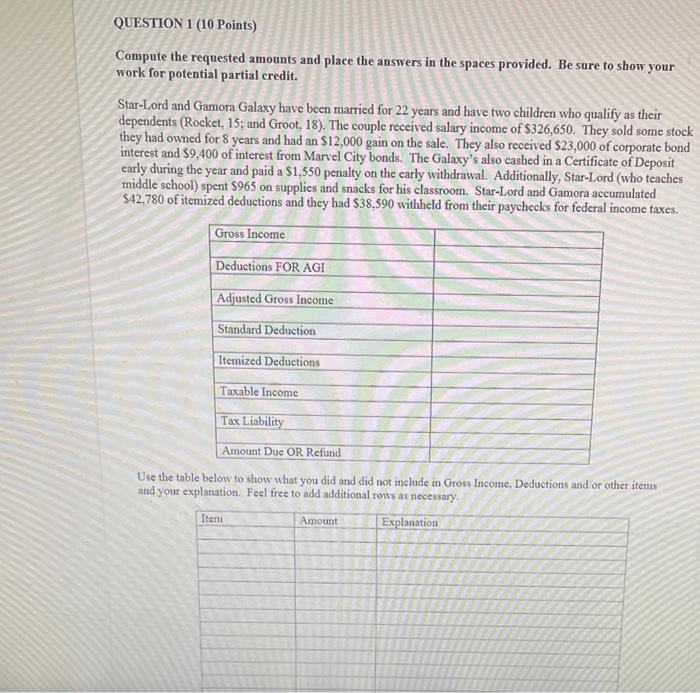  QUESTION 1 (10 Points) Compute the requested amounts and place the