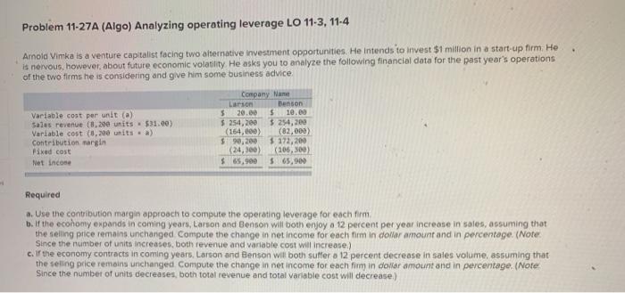  Problem 11-27A (Algo) Analyzing operating leverage LO 11-3, 11-4 Arnold Vimka