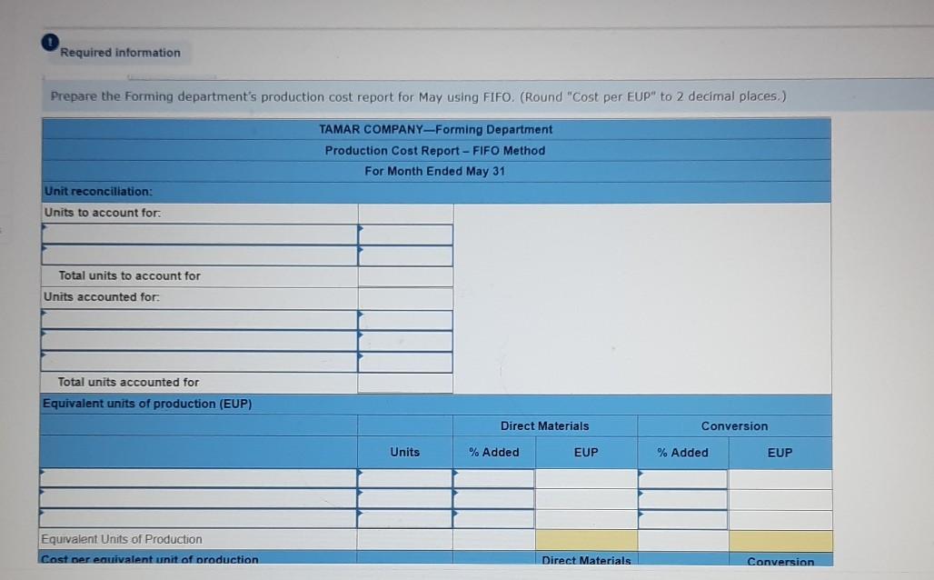 questions displayed below.) Tamar Company manufactures a single product in two departments: