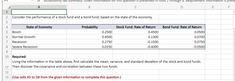 Please show Excel formulas Accessibility tab summary: Given Information for this