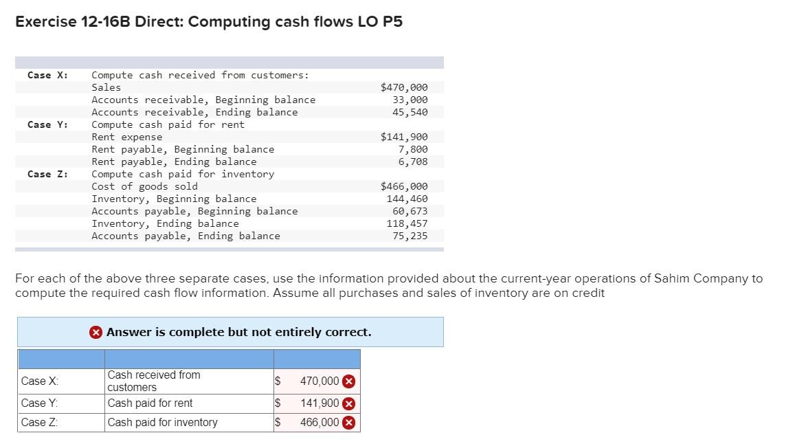 Exercise 12-16B Direct: Computing cash flows LO P5 Case X: $470,000
