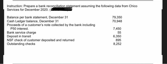  Instruction: Prepare a bank reconciliation statement assuming the following data from