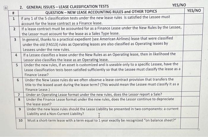 yes or no # 1 2. GENERAL ISSUES -LEASE CLASSIFICATION TESTS YES/NO