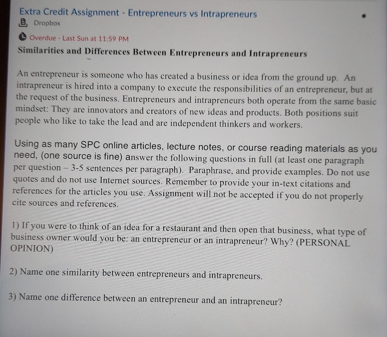 Old MathJax webview Extra Credit Assignment - Entrepreneurs vs Intrapreneurs Dropbox Overdue