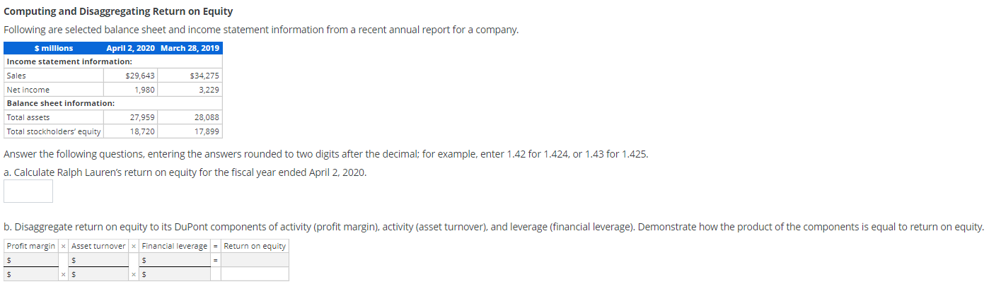 1. 2. Computing and Disaggregating Return on Equity Following are selected balance