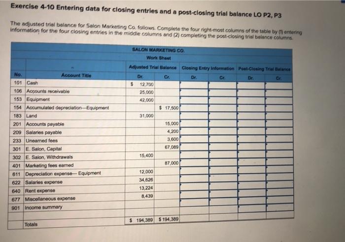 Exercise 4-10 Entering data for closing entries and a post-closing trial