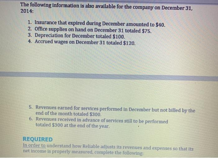expenses so that its net income is properly measured? Reliable's trial balance