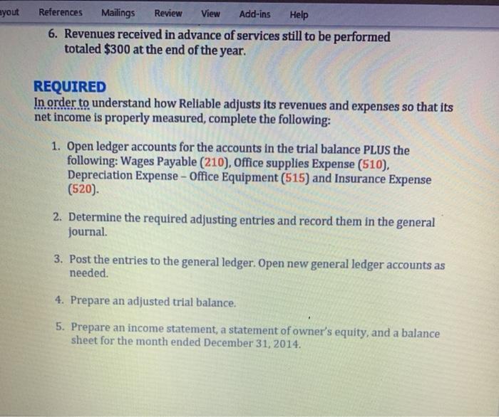 follows. A B 1 Reliable Answering Service 2 Trial Balance 3 December