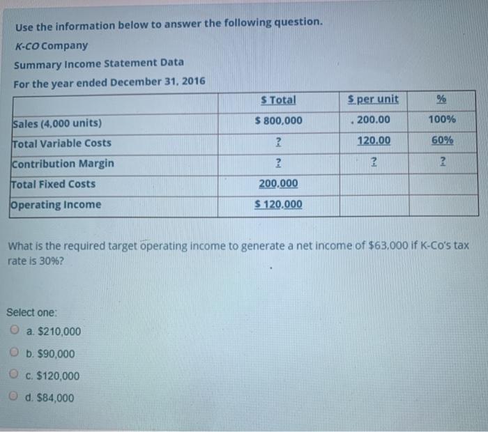  Use the information below to answer the following question. K-CO Company