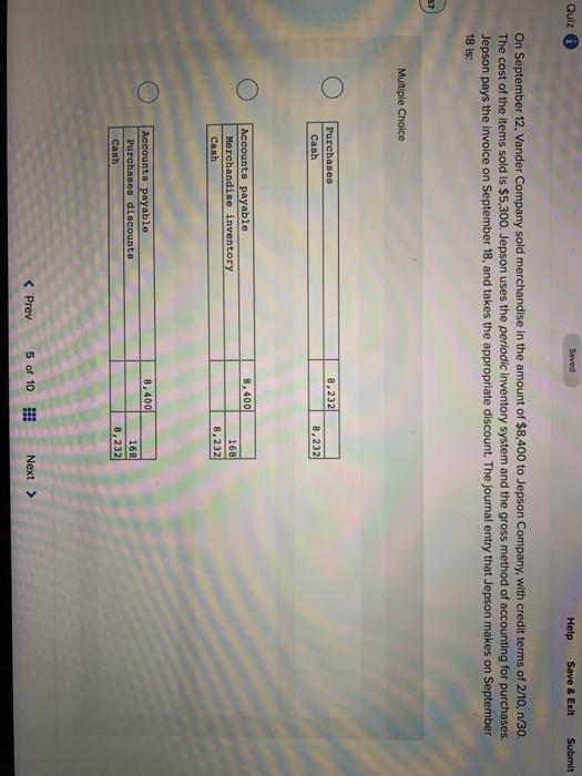  Quiz Saved Help Save & Exit Submit On September 12, Vander