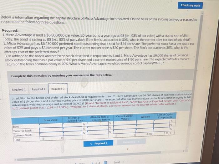  Check my work Below is information regarding the capital structure of