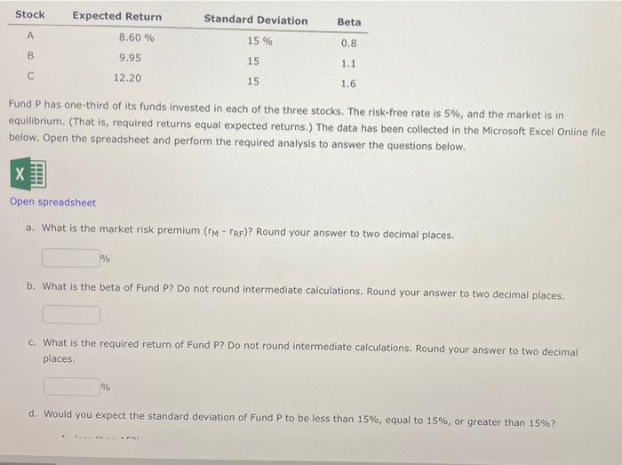  Stock Expected Return Standard Deviation Beta A 8.60 % 15 %