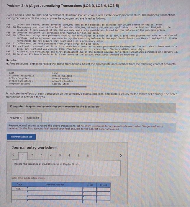 FA 3A Problem 3.1A (Algo) Journalizing Transactions (LO3-3, LO3-4, LO3-5) Glenn Grimes