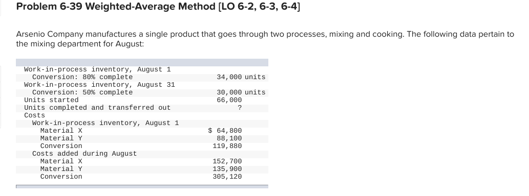 undefined Problem 6-39 Weighted Average Method [LO 6-2, 6-3, 6-4) Arsenio Company