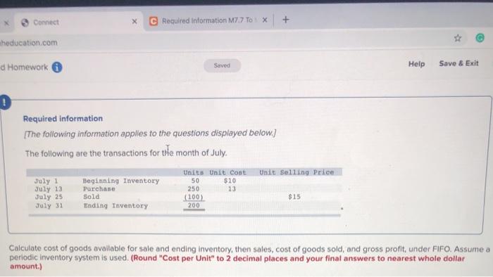  Connect C Required information M7.7 TOX + hoducation.com Saved Homework Help