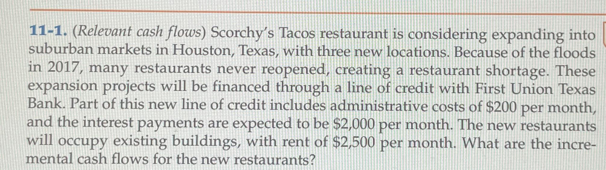  11-1.(Relevant cash flows) Scorchy's Tacos restaurant is considering expanding into suburban
